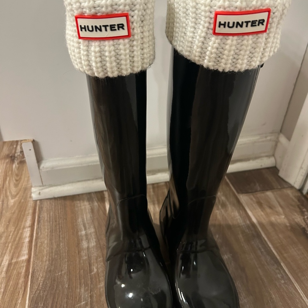 Hunter Black Boots with White Knit Cuffs